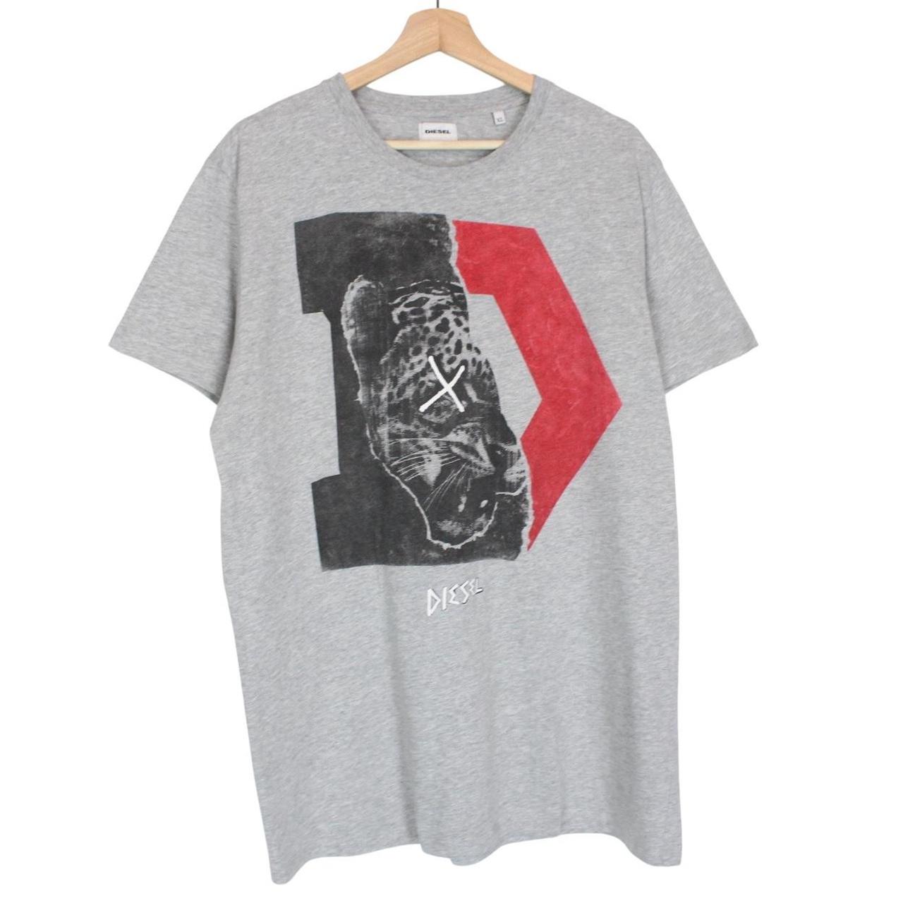 Diesel grey short sleeve cotton t-shirt with jaguar print and pocket detail.
