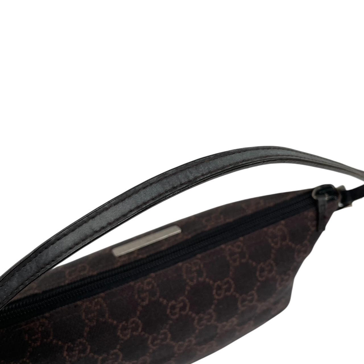 Gucci black and brown GG monogram canvas mini boat pochette bag with metal logo.