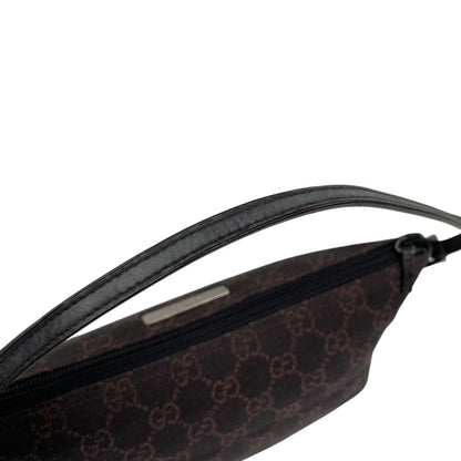 Gucci black and brown GG monogram canvas mini boat pochette bag with metal logo.