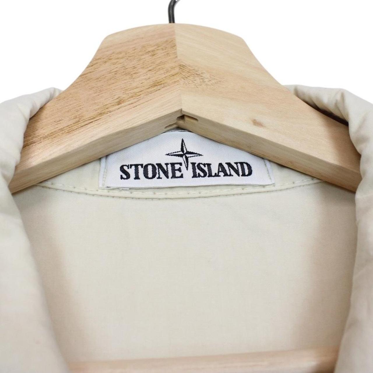 Stone Island cream full zip overshirt jacket with logo patch and cotton material.