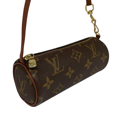 Louis Vuitton brown and tan duffel bag with monogram canvas and logo details.