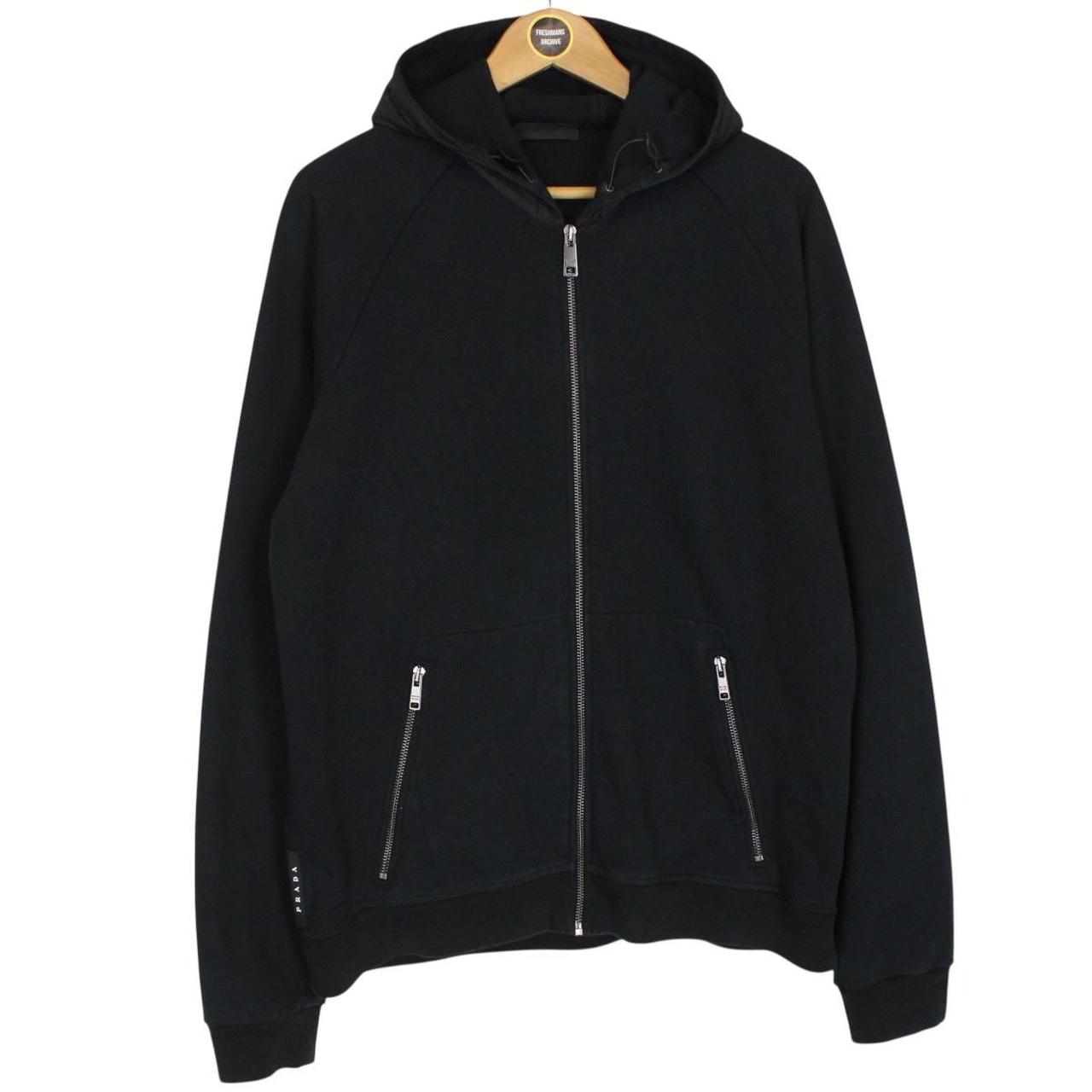 Prada Sport Black Full Zip Cotton Hoodie with Nylon Hood