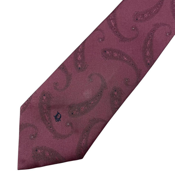 Christian Dior pink paisley print tie made of polyester with intricate pattern details.