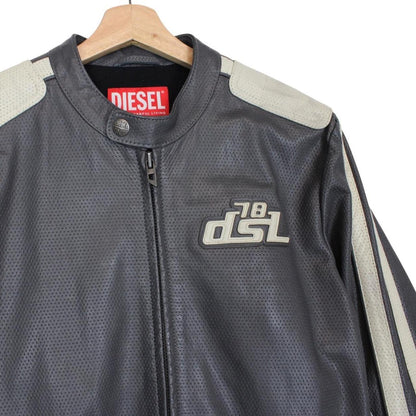 Diesel grey leather jacket with full zip and subtle logo detailing.