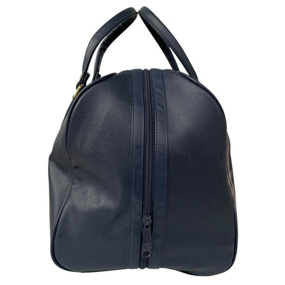 Burberry navy blue duffel bag featuring iconic Nova Check pattern and leather accents.