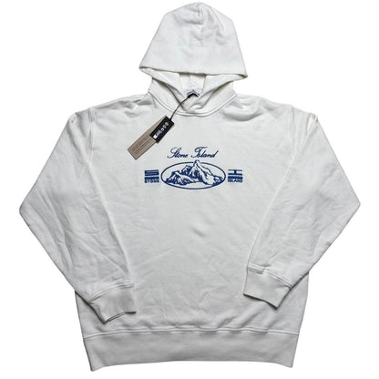 Stone Island white hoodie organic cotton fleece ice treatment with logo patch.