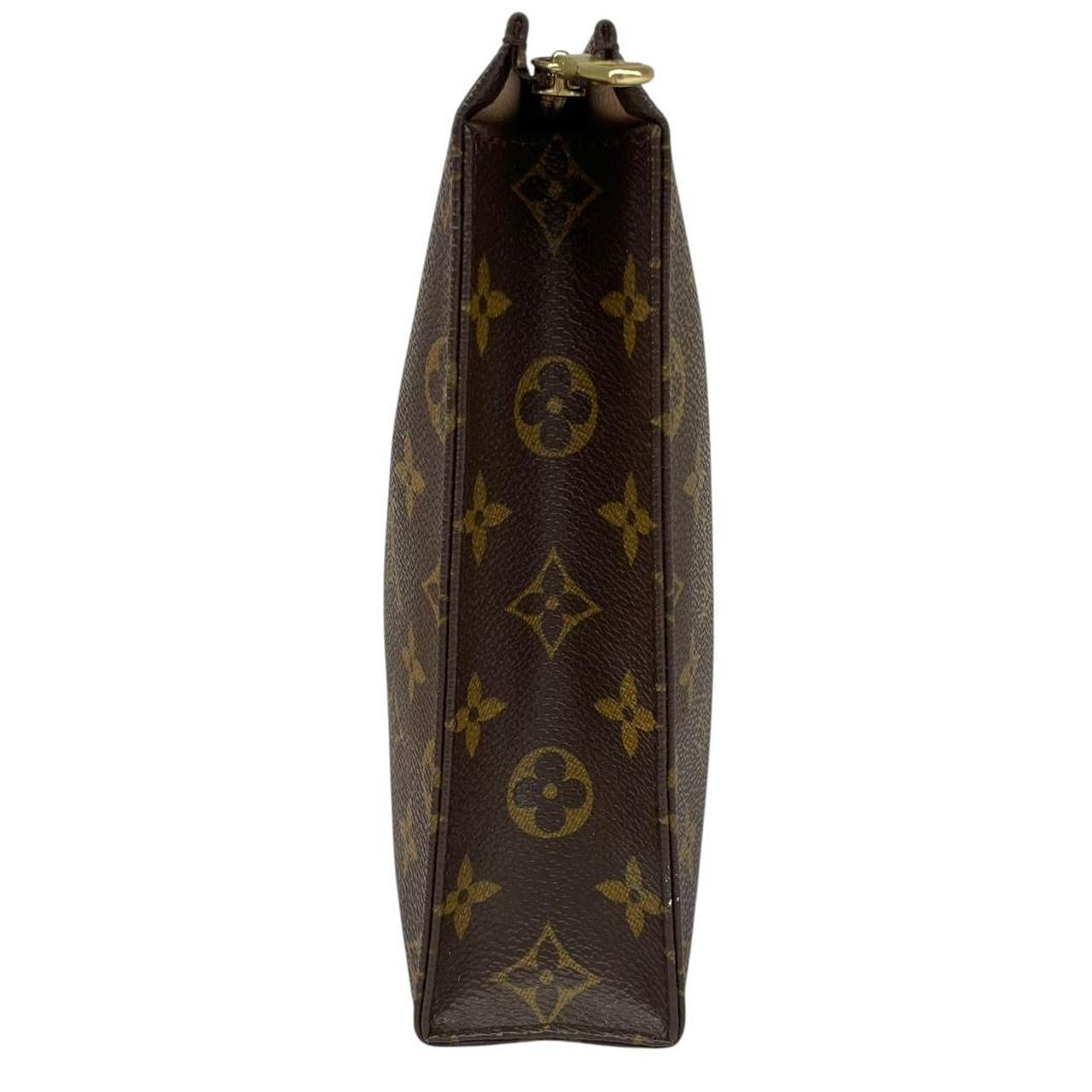 Louis Vuitton brown and tan monogram toiletry pouch with white logo details.
