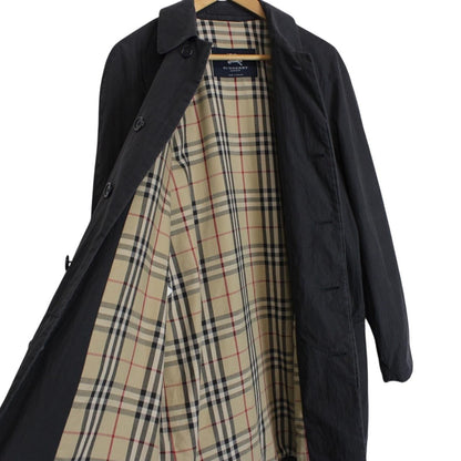 Vintage Burberry London Navy Blue Nova Check Lined Cotton Blend Balmacaan Coat