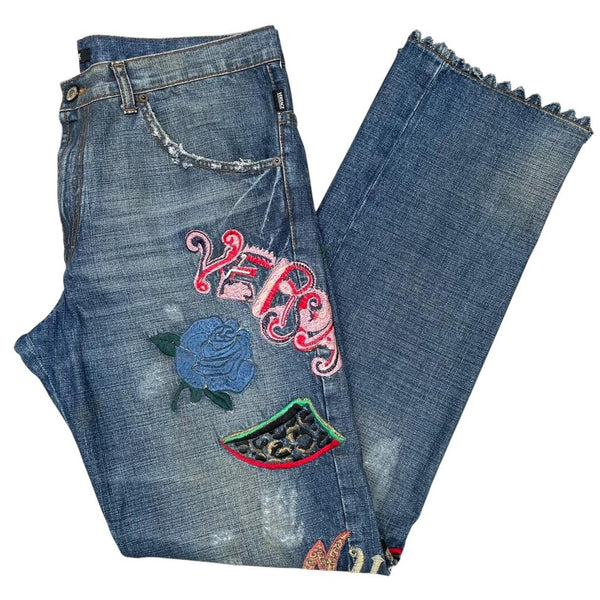 Vintage Versace Jeans Couture Blue and Multicoloured Embroidered Jeans