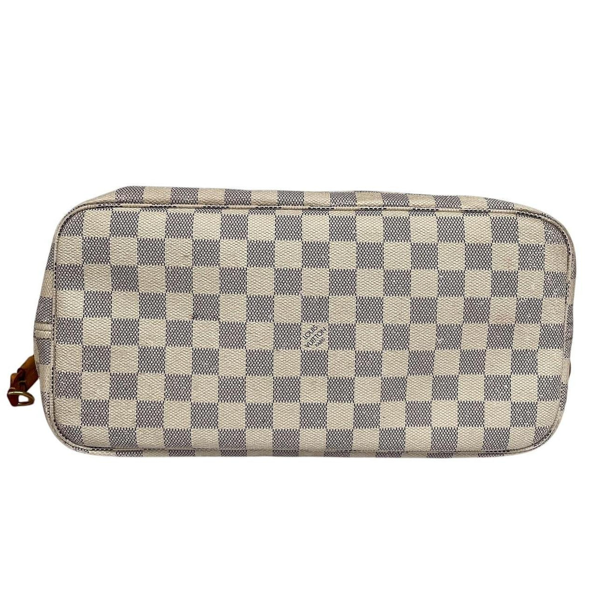 Louis Vuitton cream Damier Azur tote bag with leather trim and logo pattern.