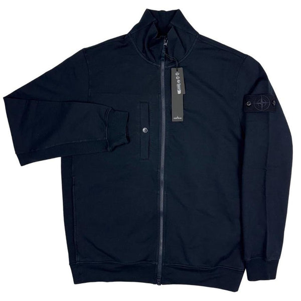 Stone Island navy blue knit full zip jumper with ghost logo and cotton blend material.