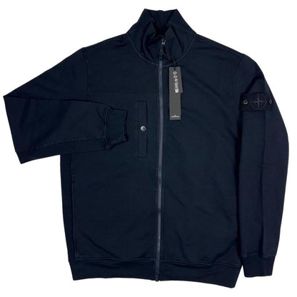 Stone Island navy blue knit full zip jumper with ghost logo and cotton blend material.