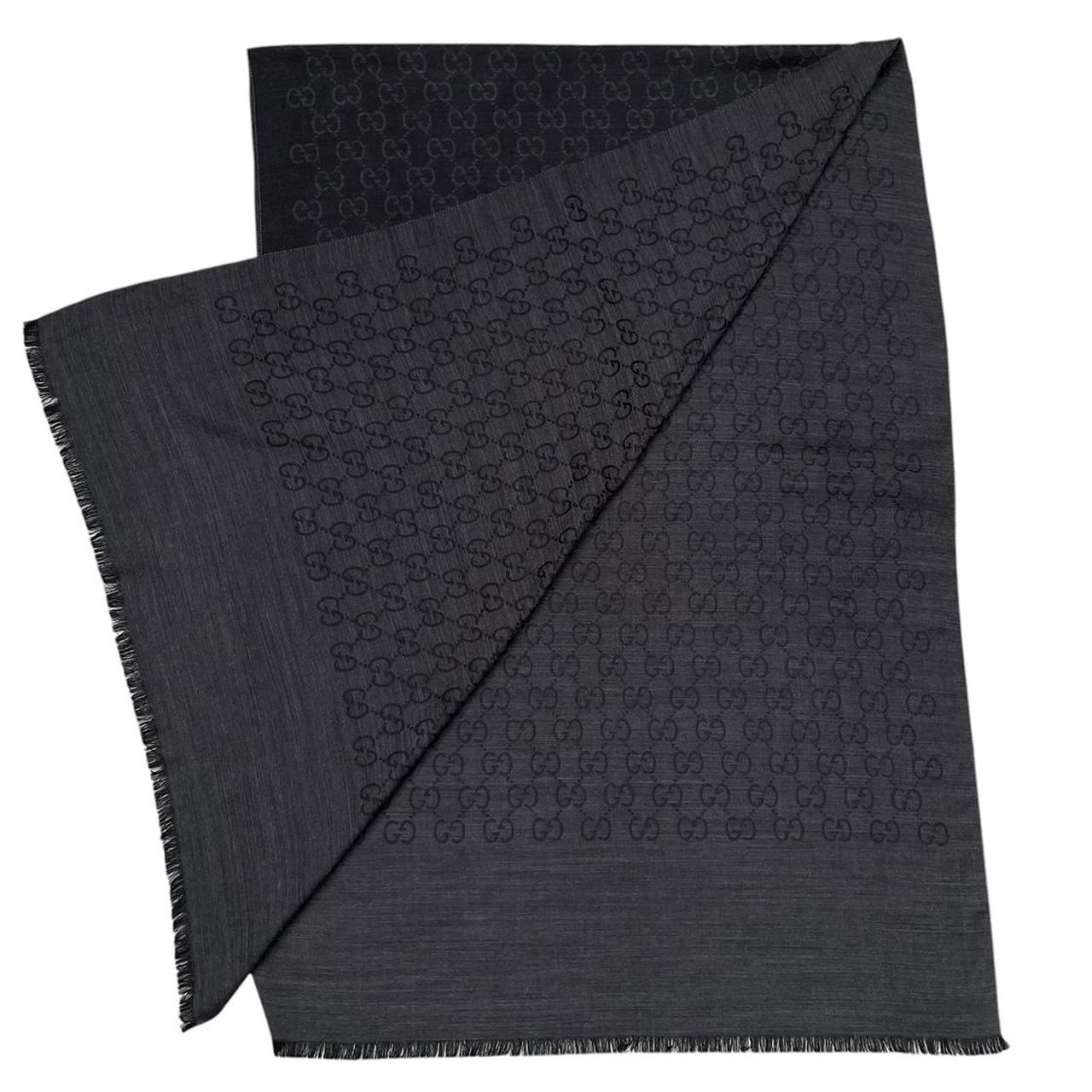 Gucci Black and Grey GG Monogram Frayed Wool Shawl Scarf