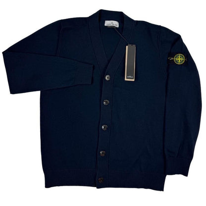 Stone Island navy blue cardigan jumper soft organic cotton with logo badge detail.