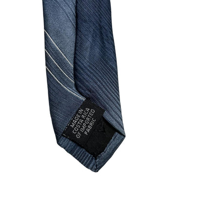 DKNY blue striped silk tie with elegant sheen and classic pattern.