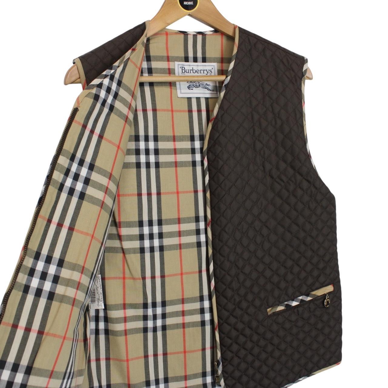 Vintage 90s Burberry Khaki Brown Nova Check Full Zip Quilted Vest