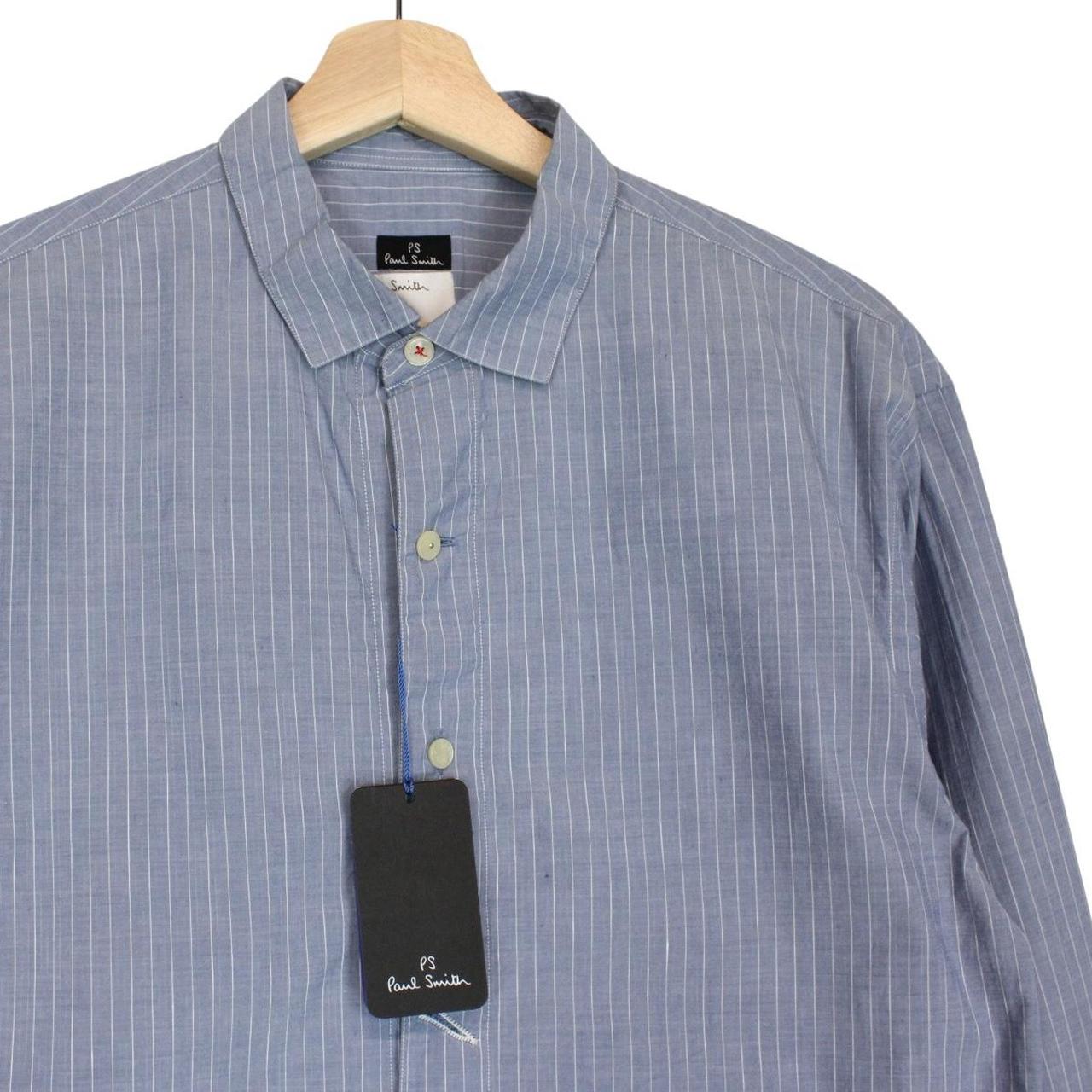 Paul Smith blue striped long sleeve cotton shirt with logo tag and fresh tags attached.