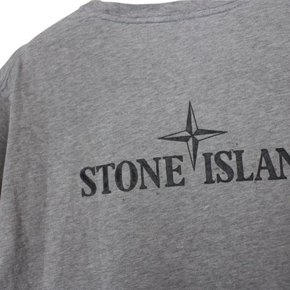 Stone Island grey short sleeve cotton t-shirt with logo print and visible stains.