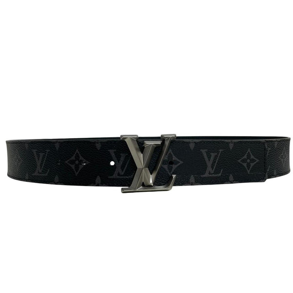 Louis Vuitton black canvas belt with LV monogram pattern and gold-tone buckle.