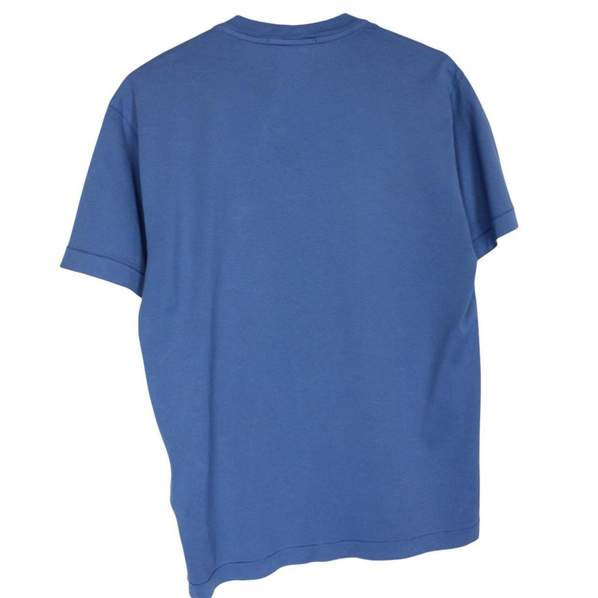 Stone Island blue short sleeve cotton t-shirt with compass logo and visible wear marks.