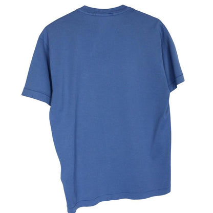 Stone Island blue short sleeve cotton t-shirt with compass logo and visible wear marks.