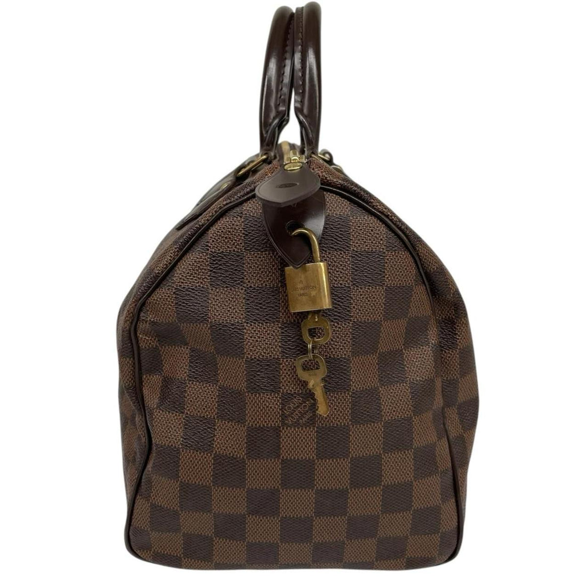 Louis Vuitton brown Damier Ebene canvas handbag with gold hardware and padlock detail.