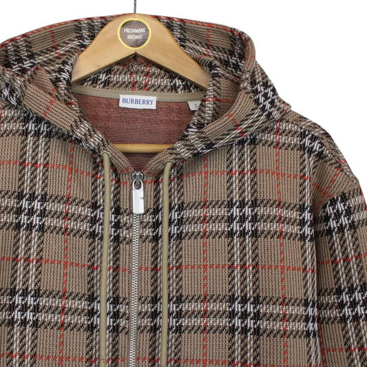 Burberry brown hoodie with Nova Check pattern and full zip, cotton blend material.