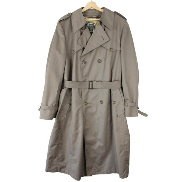 Christian Dior grey double breasted trench coat with removable wool lining and belted waist.