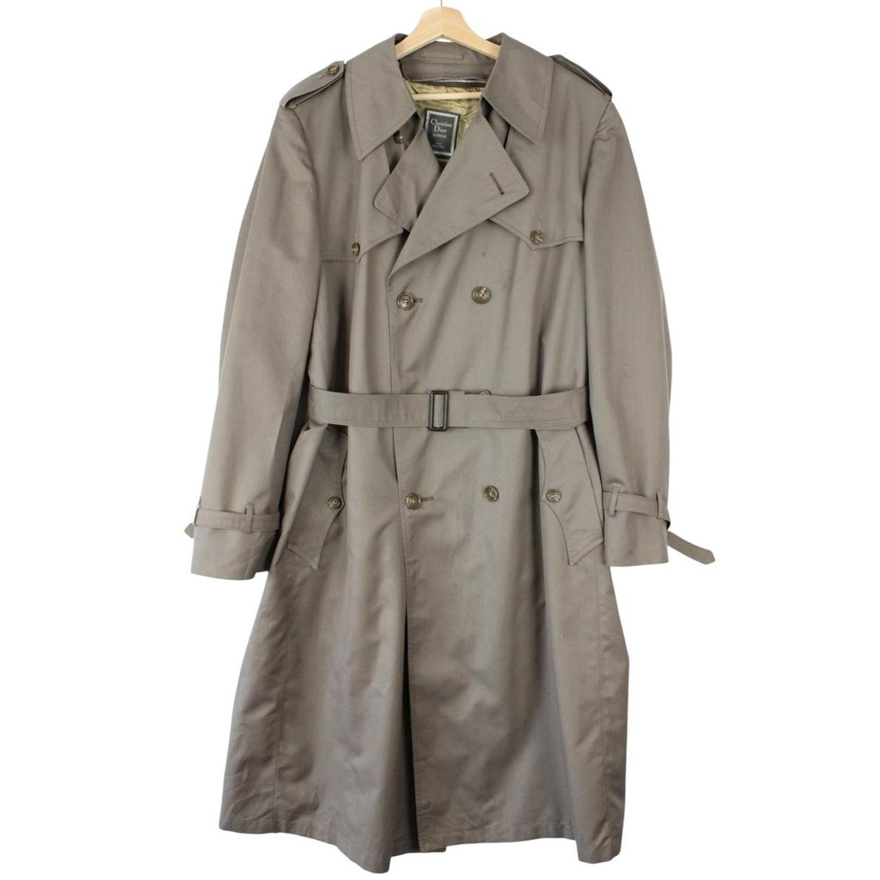 Christian Dior grey double breasted trench coat with removable wool lining and belted waist.