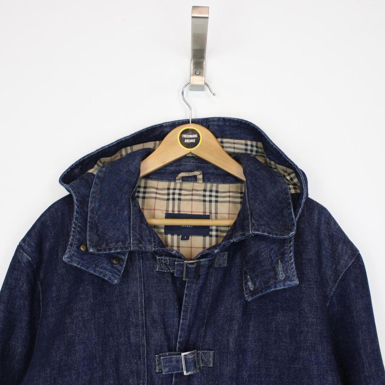 Vintage 00s Burberry London Navy Blue Nova Check Hooded Denim Coat