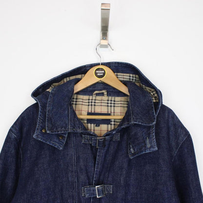 Vintage 00s Burberry London Navy Blue Nova Check Hooded Denim Coat