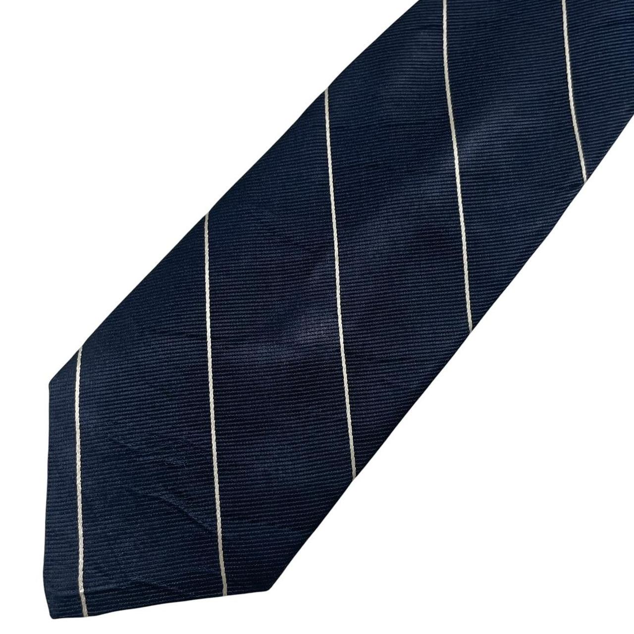 Givenchy navy blue polyester tie featuring Thomas Jefferson University logo.