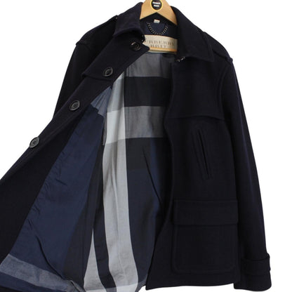 Burberry Brit Navy Blue Button Up Nova Check Lined Wool Jacket