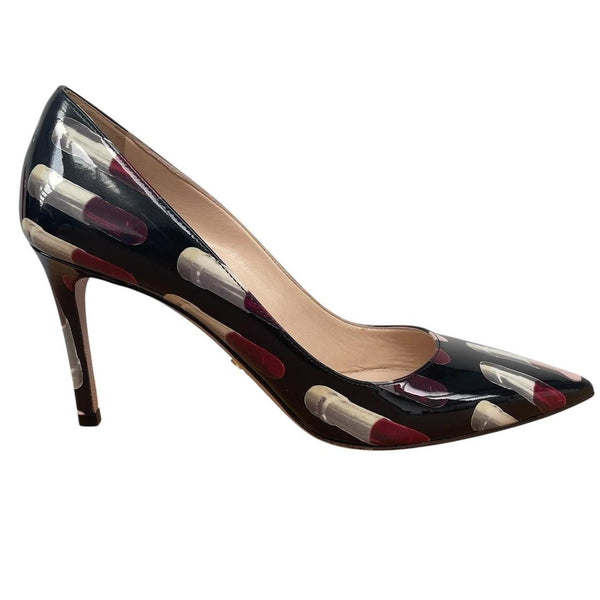 Prada Black and Multicoloured Lipstick Print Patent Leather High Heels