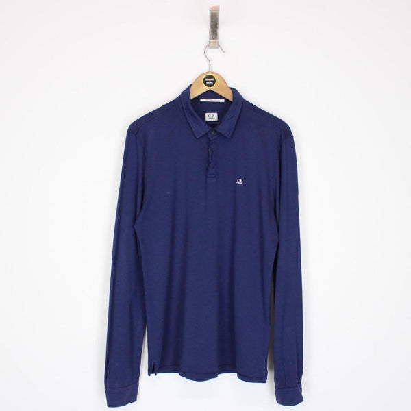 CP Company Navy Blue Collared Long Sleeve Logo Polo Shirt