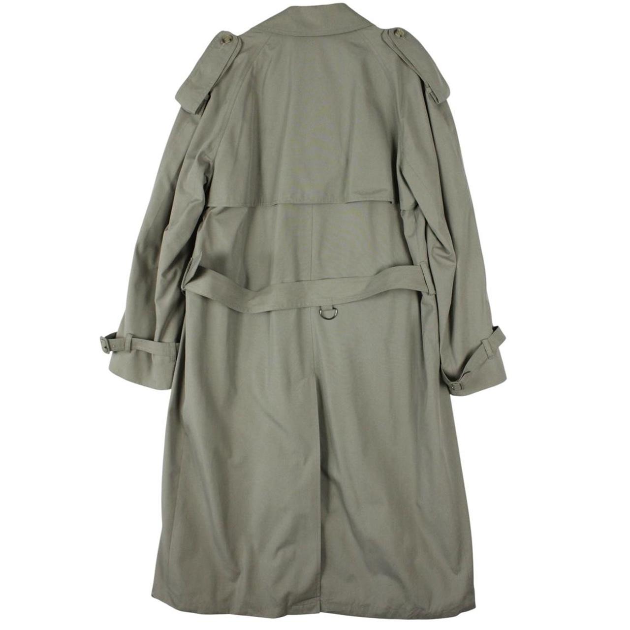 Burberry khaki green trench coat with Nova Check pattern and double-breasted design.