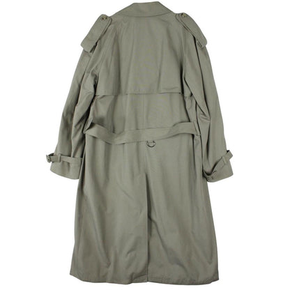 Burberry khaki green trench coat with Nova Check pattern and double-breasted design.