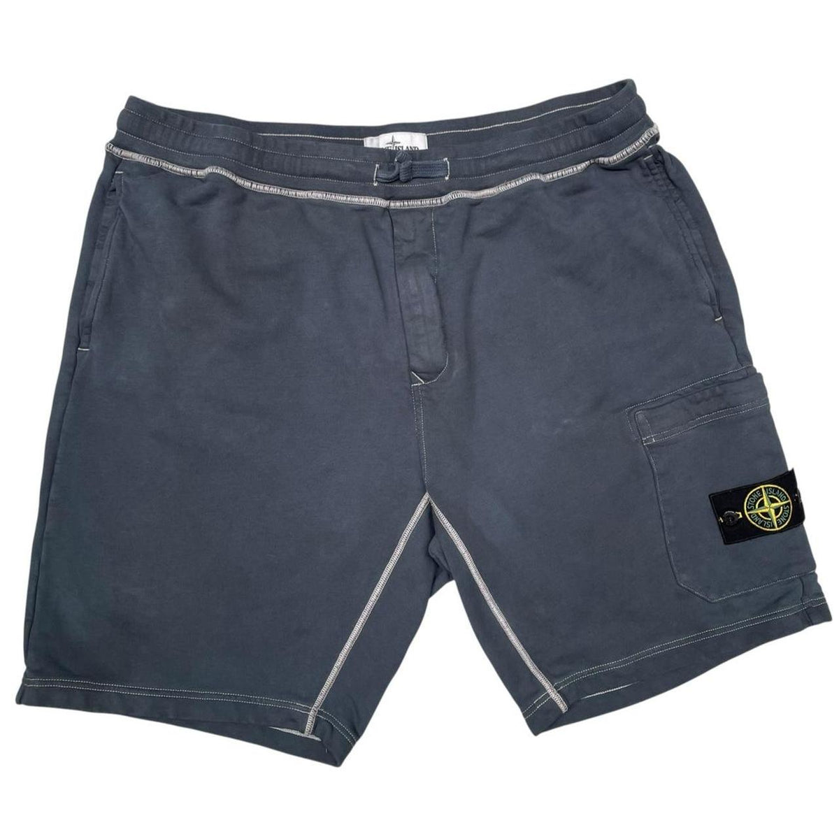 Stone Island khaki brown jogger shorts cotton material with logo patch on pocket.