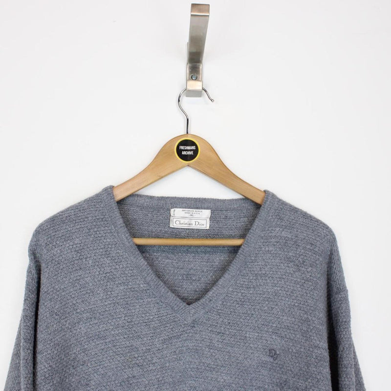 Vintage 90s Christian Dior Blue Orlon Arcylic Knit V-Neck Jumper