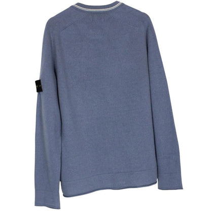Stone Island blue wool knit jumper with logo patch and ribbed cuffs.