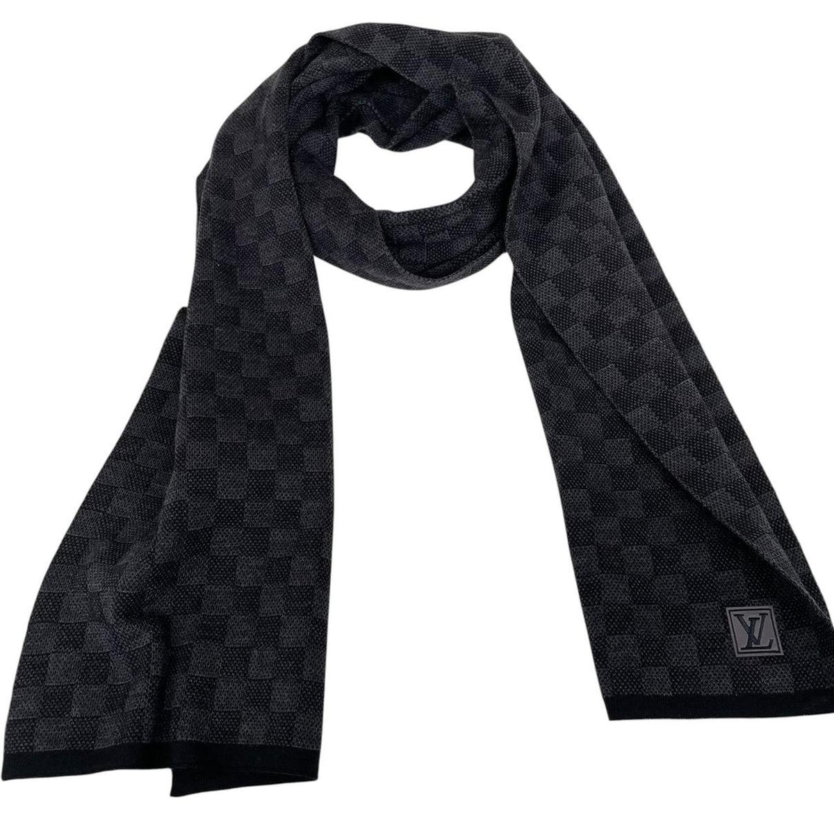 Louis Vuitton wool scarf black grey Damier pattern with tags and logo.