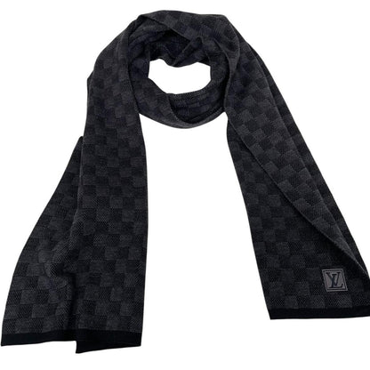 Louis Vuitton wool scarf black grey Damier pattern with tags and logo.