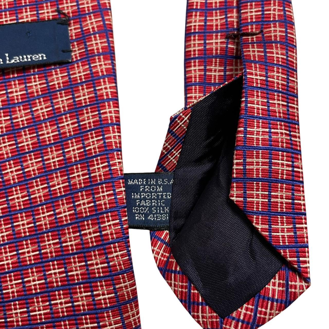 Polo Ralph Lauren red check silk tie with classic pattern and logo detail.