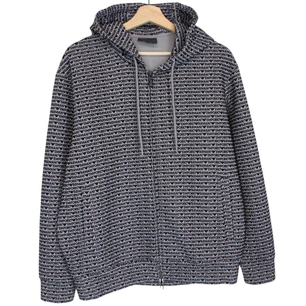 Emporio Armani black and grey hoodie with full zip and logo print design.