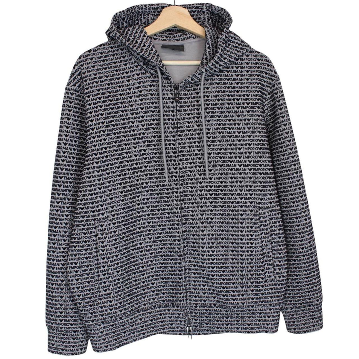 Emporio Armani black and grey hoodie with full zip and logo print design.