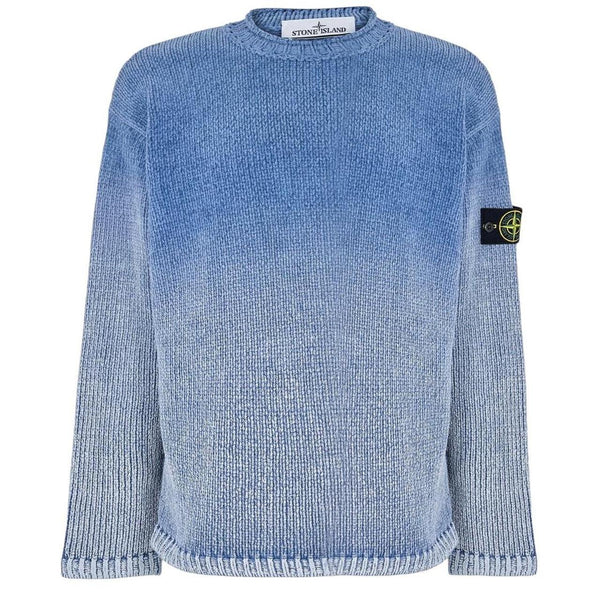 Stone Island blue jumper with degrade knit pattern and logo badge on sleeve.
