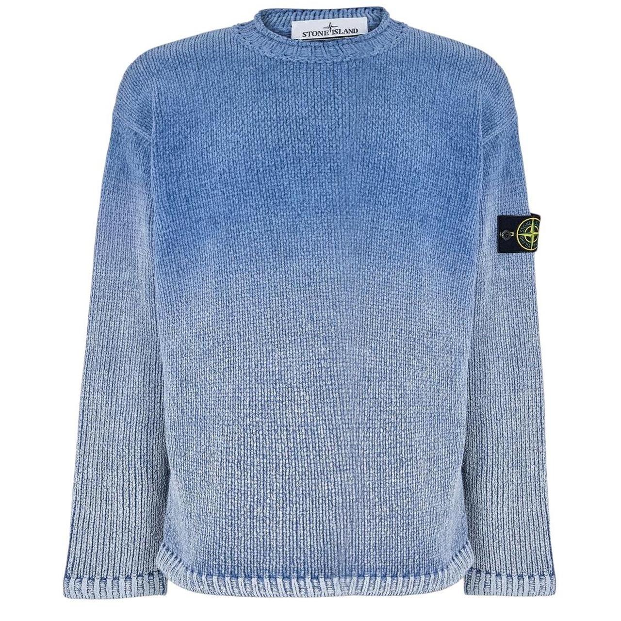 Stone Island blue jumper with degrade knit pattern and logo badge on sleeve.