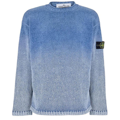 Stone Island blue jumper with degrade knit pattern and logo badge on sleeve.