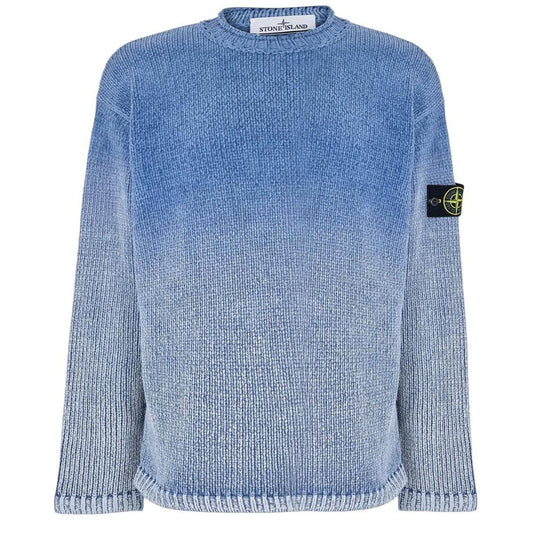 Stone Island blue jumper with degrade knit pattern and logo badge on sleeve.