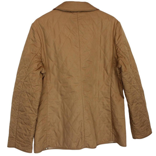 Burberry tan brown diamond quilted jacket with Nova Check lining and logo detail.